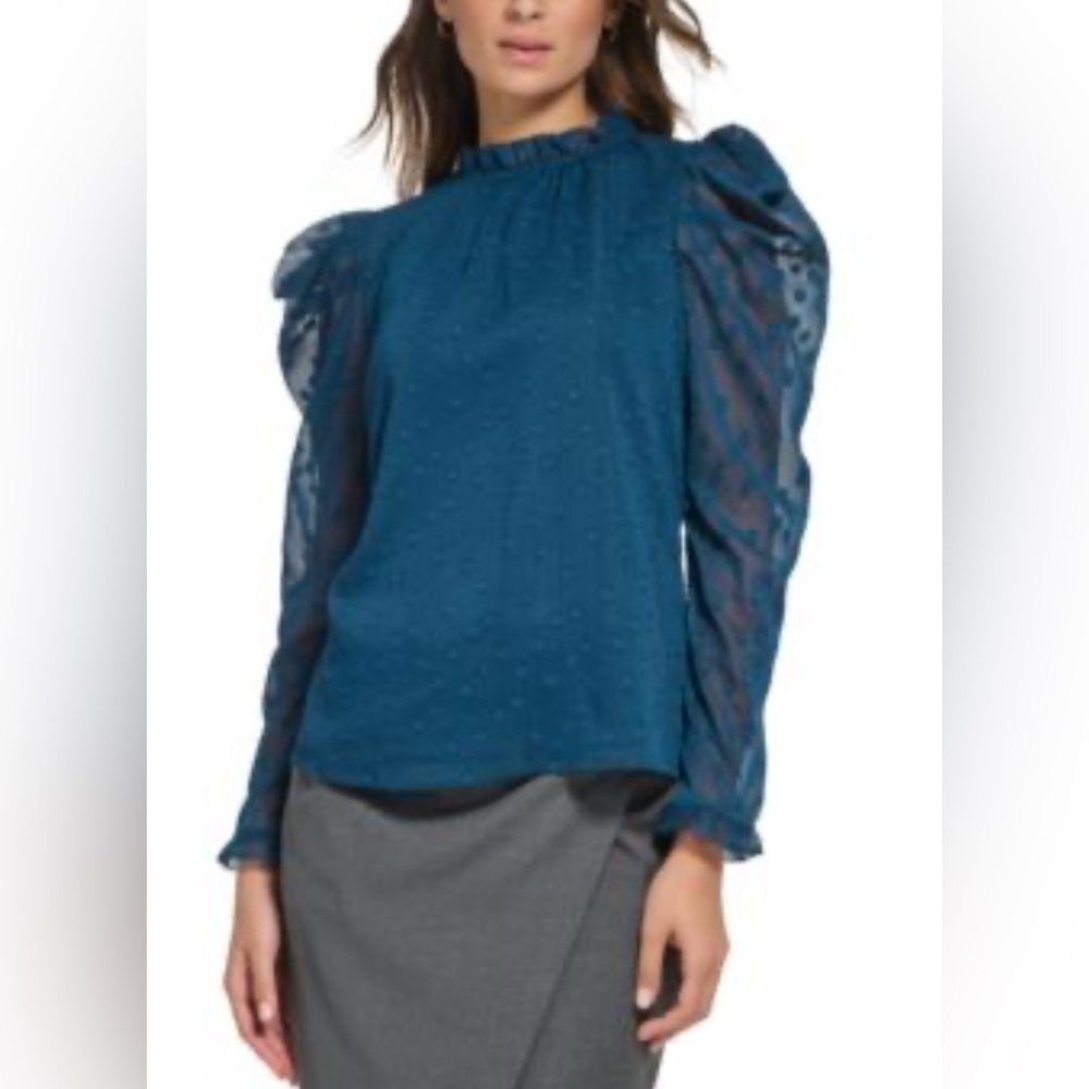 DKNY Teal Blouse with Sheer Sleeves